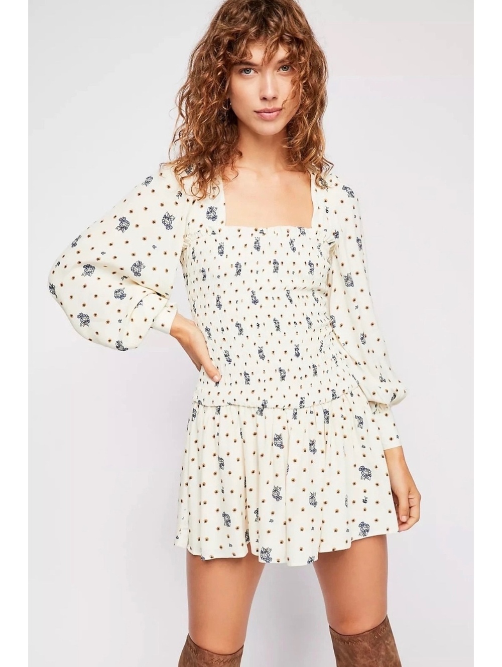 Free People Two Faces Mini Dress Size Large Ivory Floral Smocked Long Sleeve